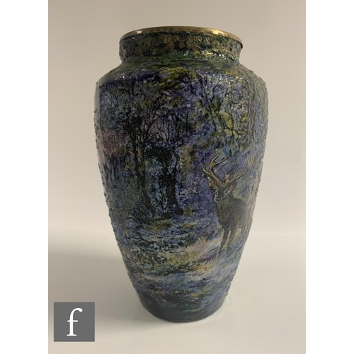 52 - Jules Sarlandie (1874-1966) - Limoges - An early 20th Century enamel on copper vase, shouldered form... 