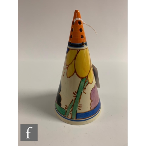 336 - Clarice Cliff - Summerhouse - A conical sugar sifter circa 1932, hand painted with a stylised garden... 