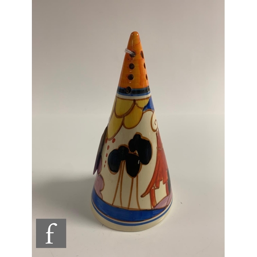 336 - Clarice Cliff - Summerhouse - A conical sugar sifter circa 1932, hand painted with a stylised garden... 