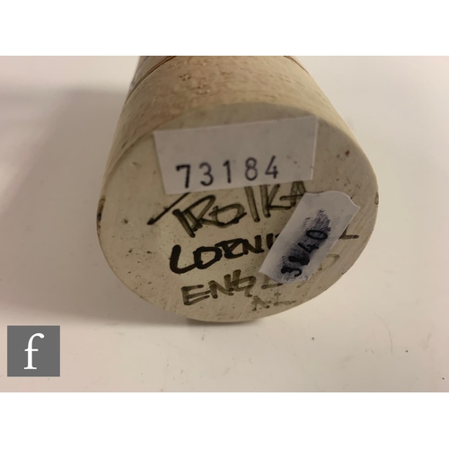 752 - Anne Lewis - Troika Pottery - A cylinder vase, decorated with opposing cogged and ochre bands, over ... 