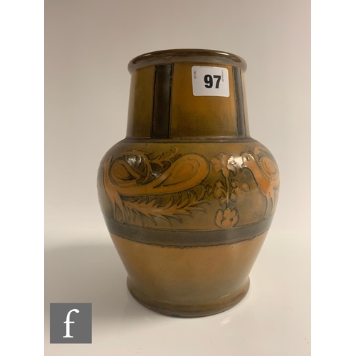 97 - William Moorcroft - A hand thrown pottery vase circa 1930, of shouldered ovoid form with a tapered c... 