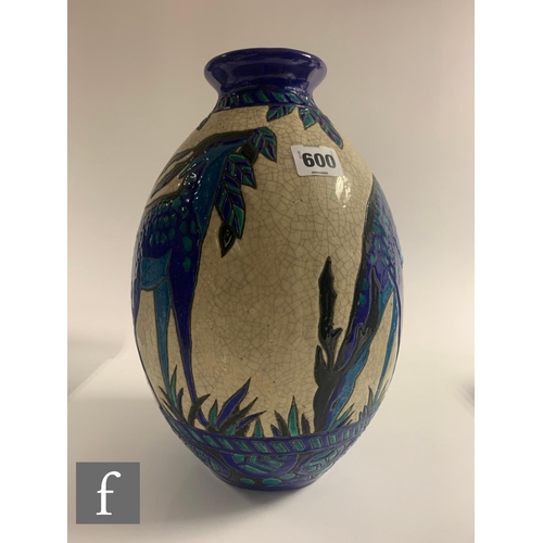 600 - Charles Catteau - Boch Freres - An Art Deco vase of ovoid form, incised and enamelled with deer in t... 