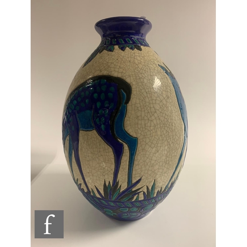 600 - Charles Catteau - Boch Freres - An Art Deco vase of ovoid form, incised and enamelled with deer in t... 