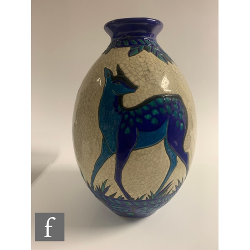 600 - Charles Catteau - Boch Freres - An Art Deco vase of ovoid form, incised and enamelled with deer in t... 