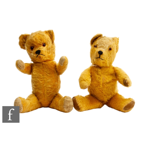 289 - Two mid 20th Century teddy bears, each with golden mohair, amber and black eyes and vertically stitc... 