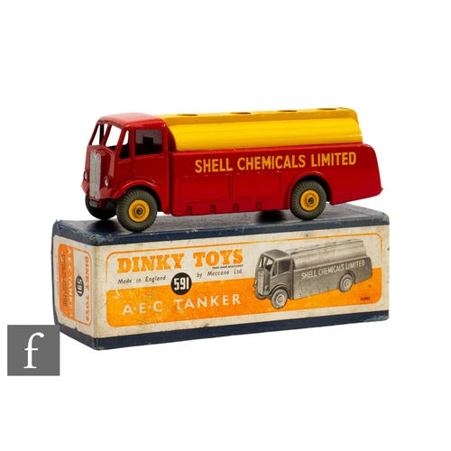 80 - A Dinky toys 591 AEC Tanker 'Shell Chemicals Limited' with red cab and back, yellow tanker and Super... 