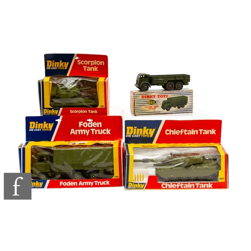 86 - A collection of Dinky diecast military models, comprising 622 10-Ton Army Truck, 683 Chieftain Tank,... 