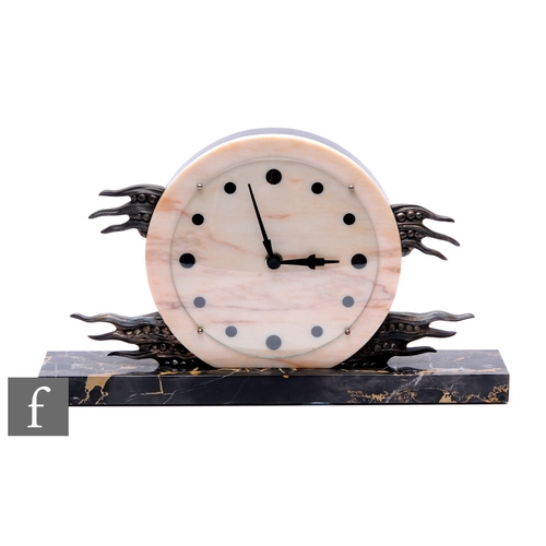 685 - Unattributed maker - A French Art Deco mantle clock, retailers labels F.Legon, Bruges, the marble di... 