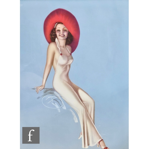 710 - After Alberto Vargas - Girl with red hat, photographic reproduction, framed, 49cm x 37cm, frame size... 