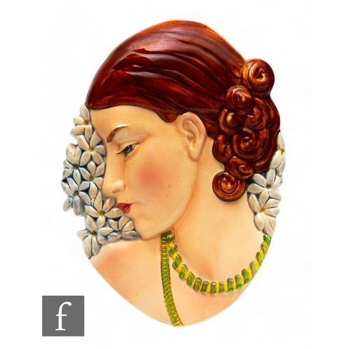 630 - Beswick - An Art Deco wall mask, side profile bust portrait, modelled in relief, lady with chestnut ... 