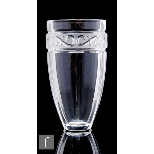 1003 - Waterford Crystal - A Marquis glass vase of tumbler form, cut with panels with a scroll border, acid... 