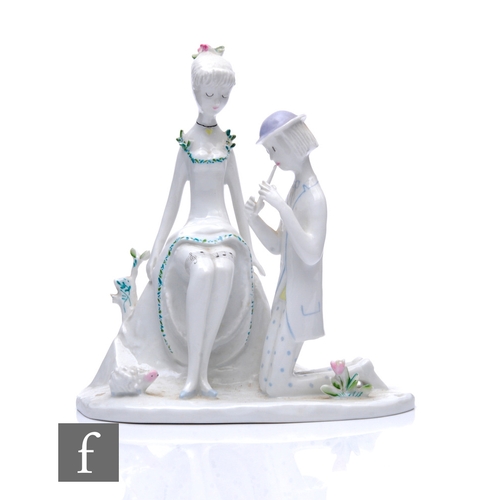 771 - Raymond Peynet - Rosenthal - A mid Century figure group, 'The Lovers', white glazed with pastel high... 