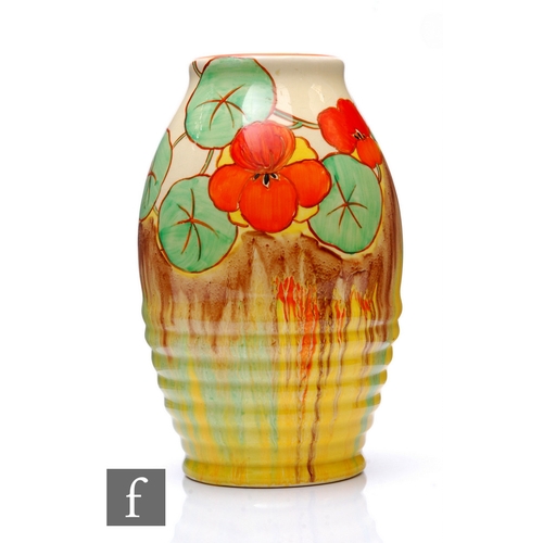 466 - Clarice Cliff - Nasturtium - A shape 892 vase circa 1936, of ribbed ovoid form, hand painted with a ... 