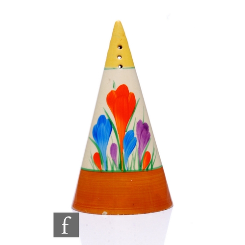 522 - Clarice Cliff - Crocus - A conical sugar sifter circa 1936, hand painted with Crocus sprays with yel... 