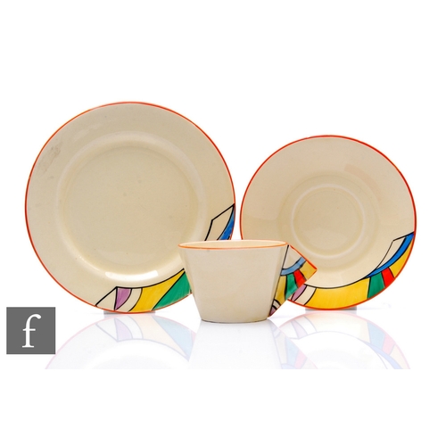 384 - Clarice Cliff - Bignou - A Conical tea cup, saucer and side plate circa 1933, hand painted to the sh... 