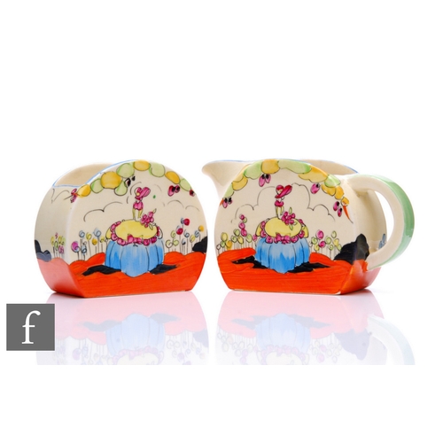 288 - Clarice Cliff - Applique Idyll - A Bon Jour shape milk and sugar circa 1933, each hand painted with ... 