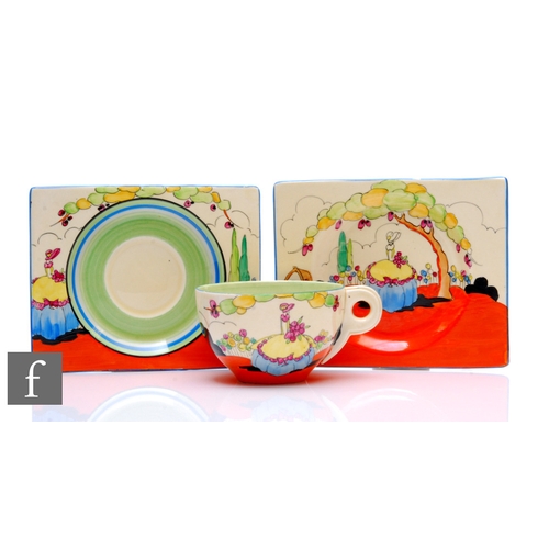 289 - Clarice Cliff - Applique Idyll - A Biarritz cup, saucer and side plate circa 1936, hand painted to e... 