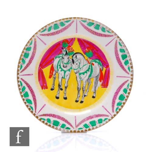 568 - Clarice Cliff - Dame Laura Knight - A circular side plate from the Circus series, circa 1934, transf... 