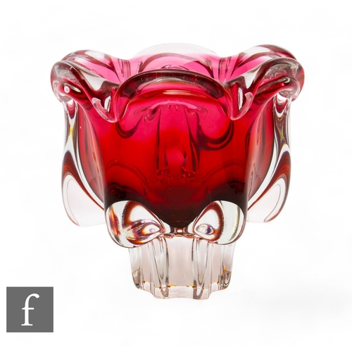 1041 - Josef Hospodka - Chribska - A 1960s glass dish of pulled pedestal form, graduated pink to amber and ... 