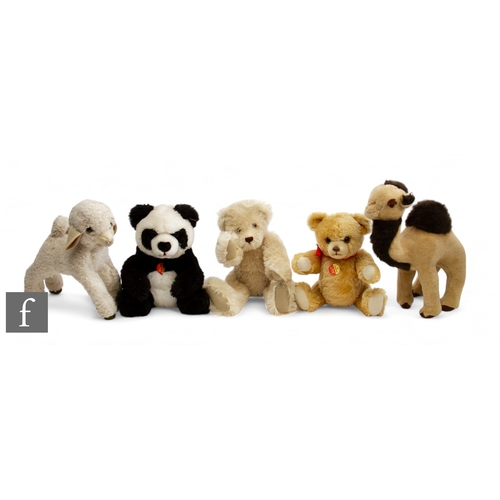 309 - A collection of five later 20th Century bears and animals, including Steiff Mohair bear and Panda, y... 