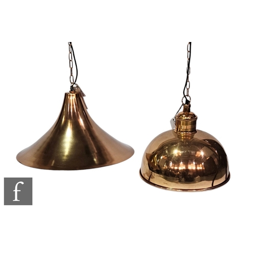 1216 - Unattributed maker - Two contemporary copper coloured industrial style ceiling lights, of domed and ... 