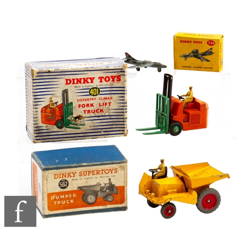 92 - Three Dinky toys, a 562 Dumper Truck, a 401 Coventry Climax Fork Lift Truck and a 736 Hawker Hunter ... 