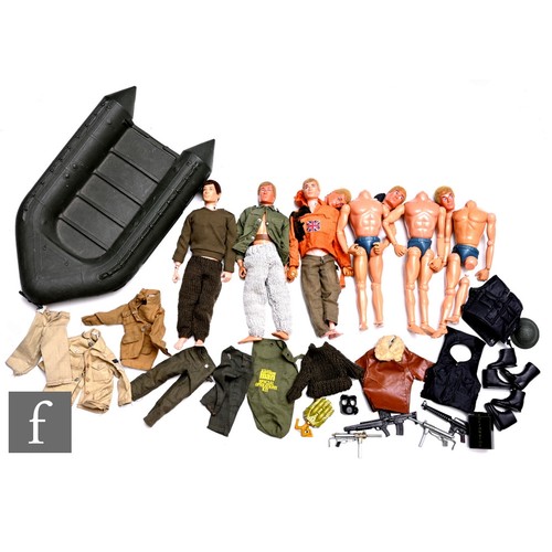 172 - A collection of Palitoy Action Man items, to include six figures with flock hair, and assorted cloth... 