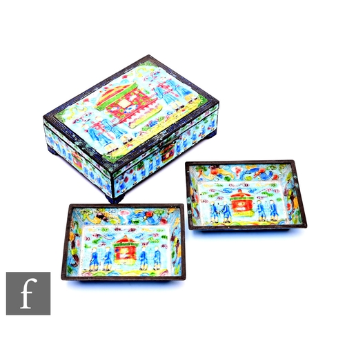 496 - A Chinese 1920s ginbari enamel smoker's/snuff set, including lidded box and two rectangular matching... 