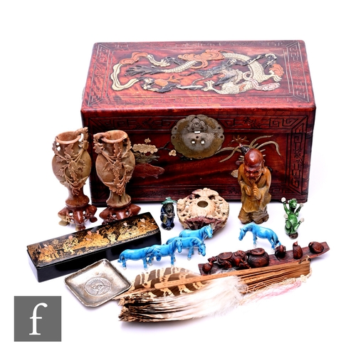 498 - A collection of Chinese scholars objects, to include a carved wooden and stone applied box, four soa... 