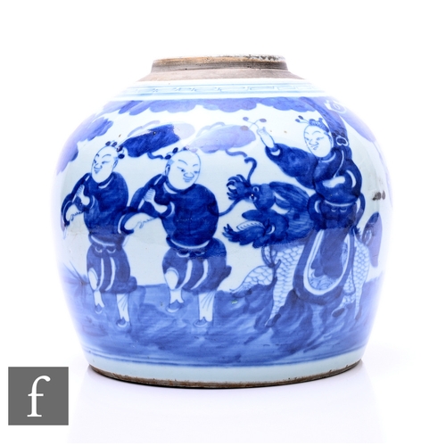 527 - A Chinese blue and white jar of ovoid form, decorated with figures in a landscape, lacking cover, he... 