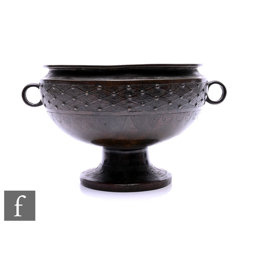 533 - A Chinese Archaic style bronze foot bowl, Dou, the incised footrim with studded exterior design, inc... 