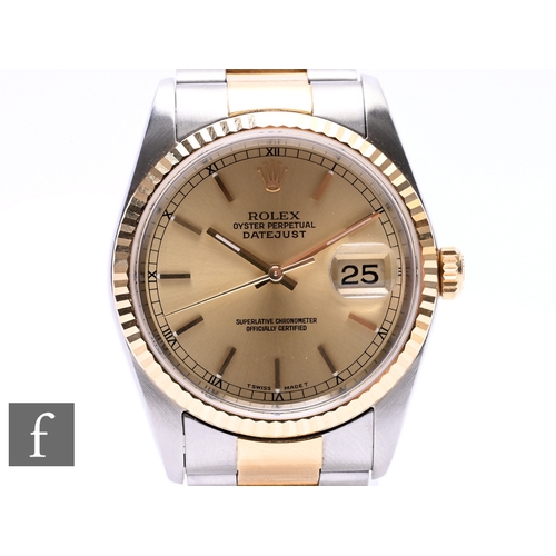 91 - A Rolex bi-metal Datejust wrist watch, ref 16233, with batons and date facility to a champagne dial,... 