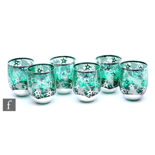 133 - A set of six mid 20th Century Venetian tumblers, of ovoid form, decorated with applied silver fruiti... 