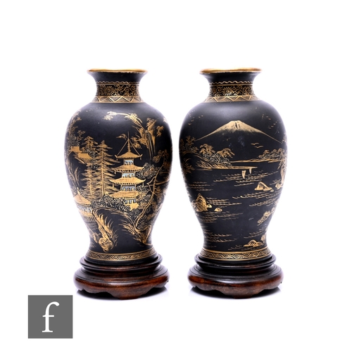 543 - A small pair of Japanese baluster vases painted with Mt Fuji, pagodas and river landscape scenes on ... 