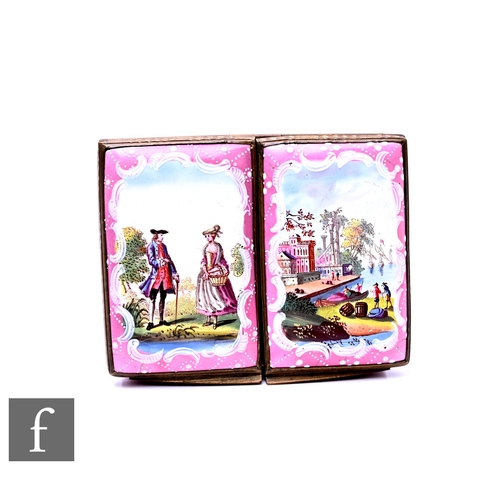 9 - A George III Bilston enamel rectangular double snuff box, the two hinged covers with standing figure... 