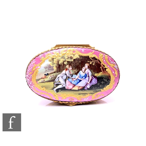 13 - A George III Bilston enamel box, circa 1795, of oval form, the hinged lid decorated with courting co... 