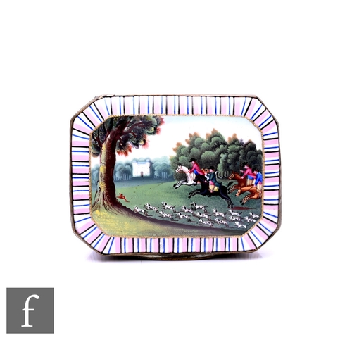 15 - A George III Bilston enamel snuff box, circa 1800, of canted rectangular form, the cover decorated w... 