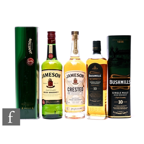 44 - Three bottles of Irish Whiskey, to include a bottle of Jameson Crested 70cl, Jameson in metal tin, 7... 