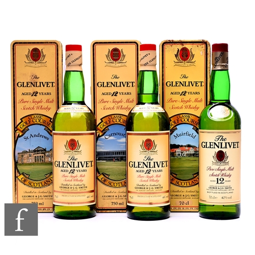 47 - Three bottles of Glenlivet 12 year old single malt Whisky 'Classic Golf Courses', including Carnoust... 