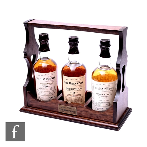 55 - A Balvenie 10, 12 and 15 Years presentation set, with tantalus stand, including The Balvenie Founder... 