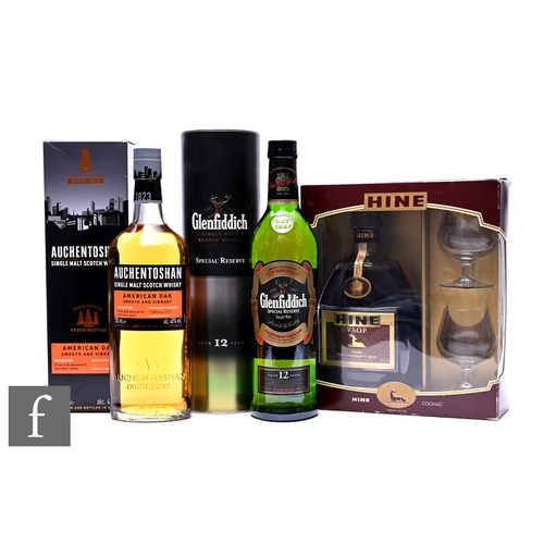 56 - A collection of whisky and cognac, to include Auchentoshan American Oak, in original box, 70cl, Glen... 