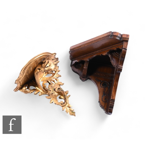 1077 - A 20th Century carved acanthus gilt wall bracket, height 35cm, and an Edwardian walnut corner bracke... 