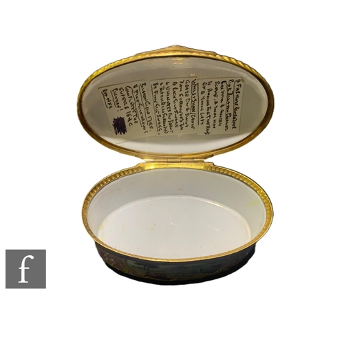 13 - A George III Bilston enamel box, circa 1795, of oval form, the hinged lid decorated with courting co... 