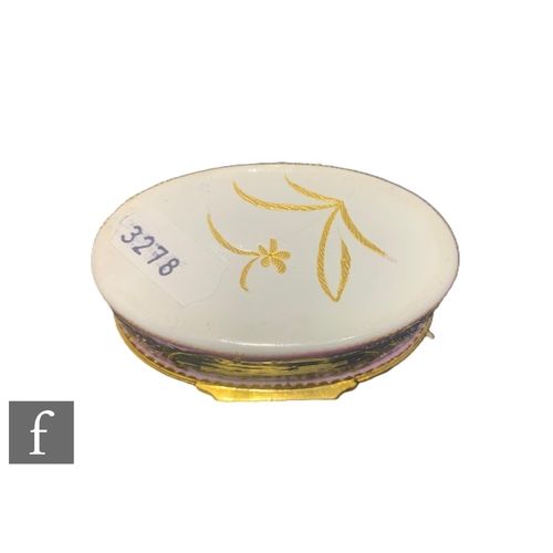 13 - A George III Bilston enamel box, circa 1795, of oval form, the hinged lid decorated with courting co... 