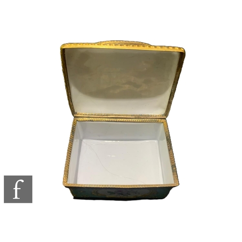 14 - A George III Bilston enamel table snuff box of rectangular form, the cover with couple in garden set... 