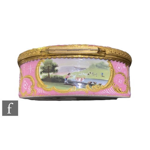 13 - A George III Bilston enamel box, circa 1795, of oval form, the hinged lid decorated with courting co... 