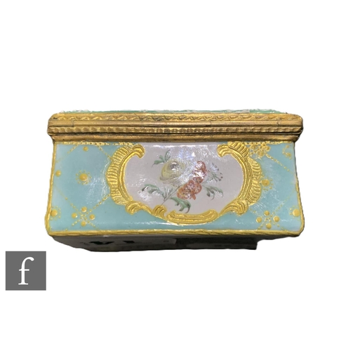 14 - A George III Bilston enamel table snuff box of rectangular form, the cover with couple in garden set... 