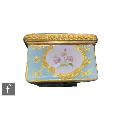 14 - A George III Bilston enamel table snuff box of rectangular form, the cover with couple in garden set... 