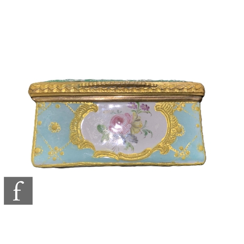 14 - A George III Bilston enamel table snuff box of rectangular form, the cover with couple in garden set... 