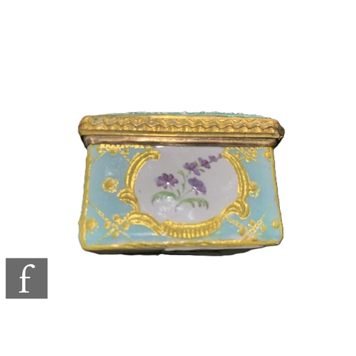 14 - A George III Bilston enamel table snuff box of rectangular form, the cover with couple in garden set... 